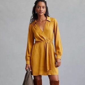 Anthropologie Long-Sleeve Yellow Leopard Print Shimmer Mini Dress Size XXS